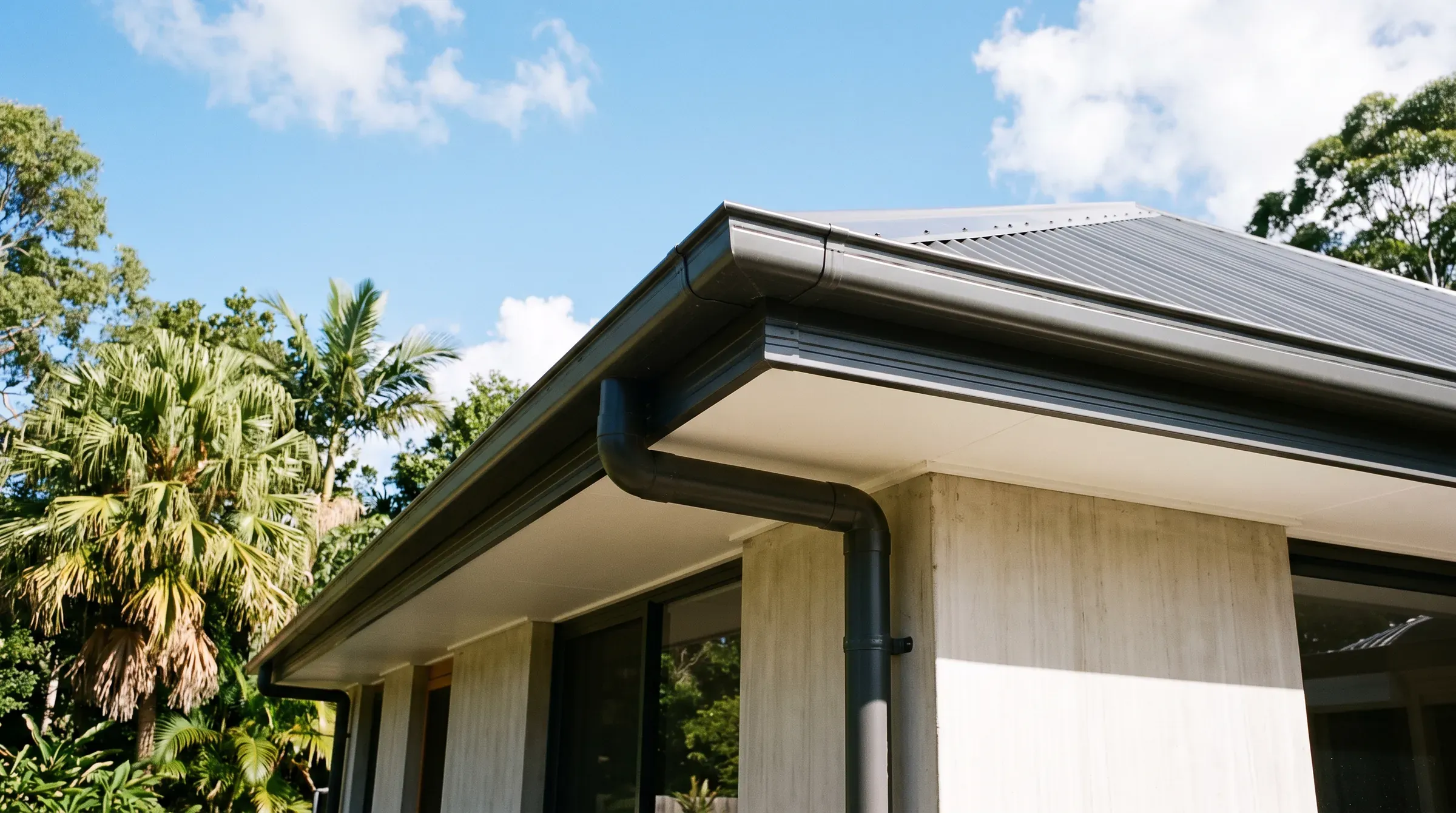 Illustrative: new dark quad gutter, fascia and round downpipe on the corner of a metal-roofed home