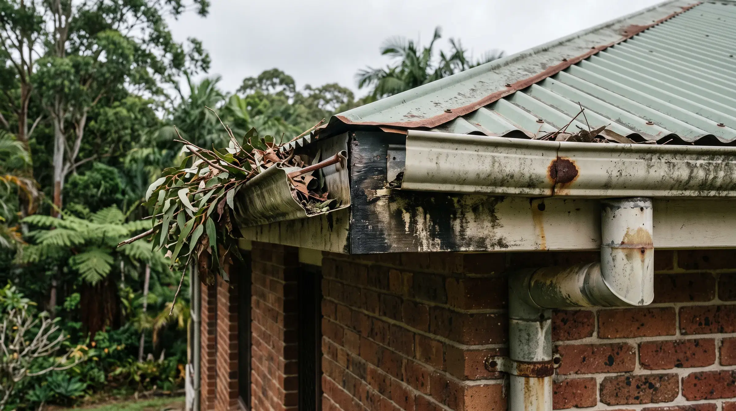 Illustrative image of an old gutter sagging and rusting at a joint, with leaf litter and a stained fascia