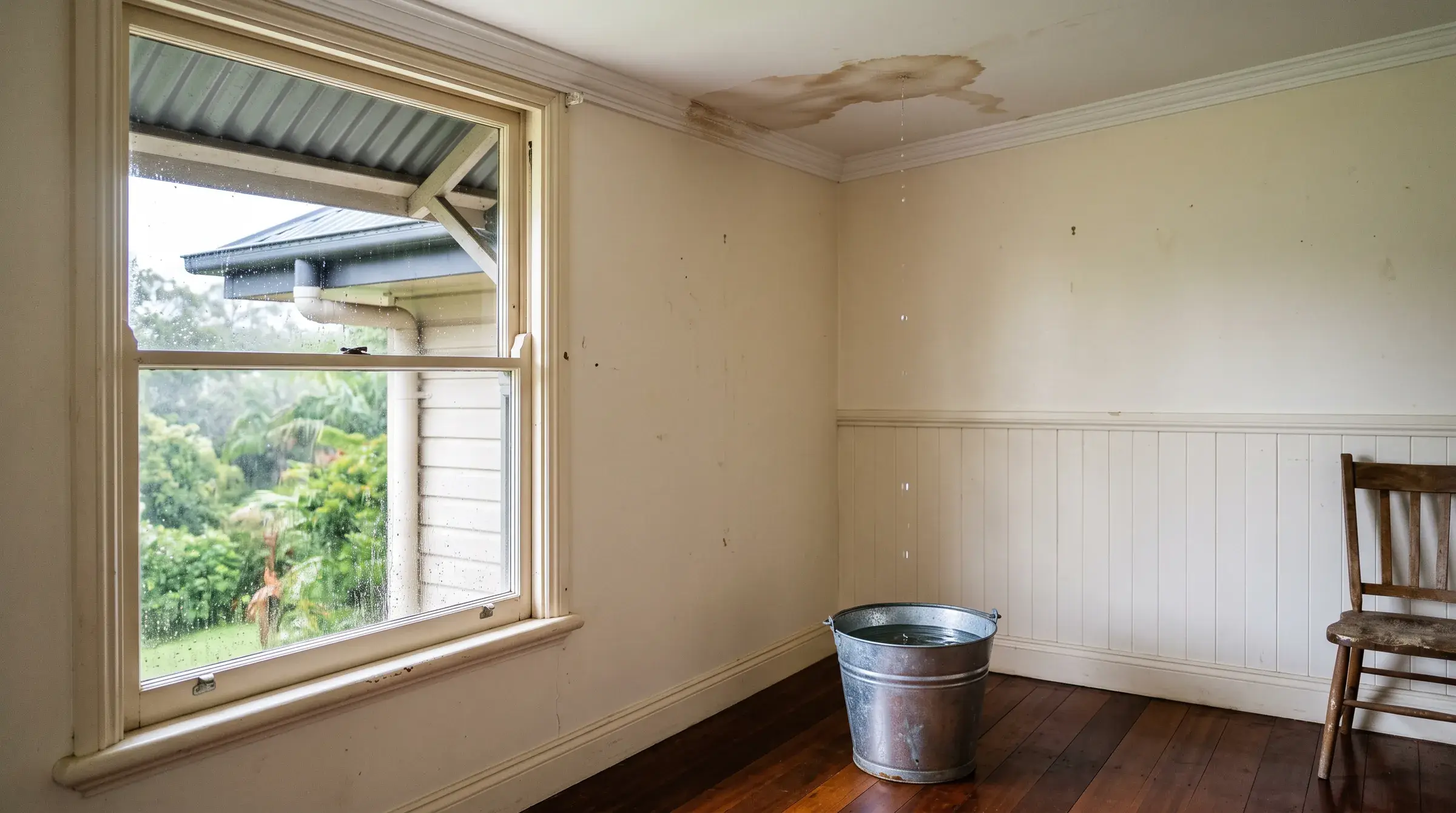 Illustrative: water stain on a ceiling with a drip falling into a bucket on timber floorboards