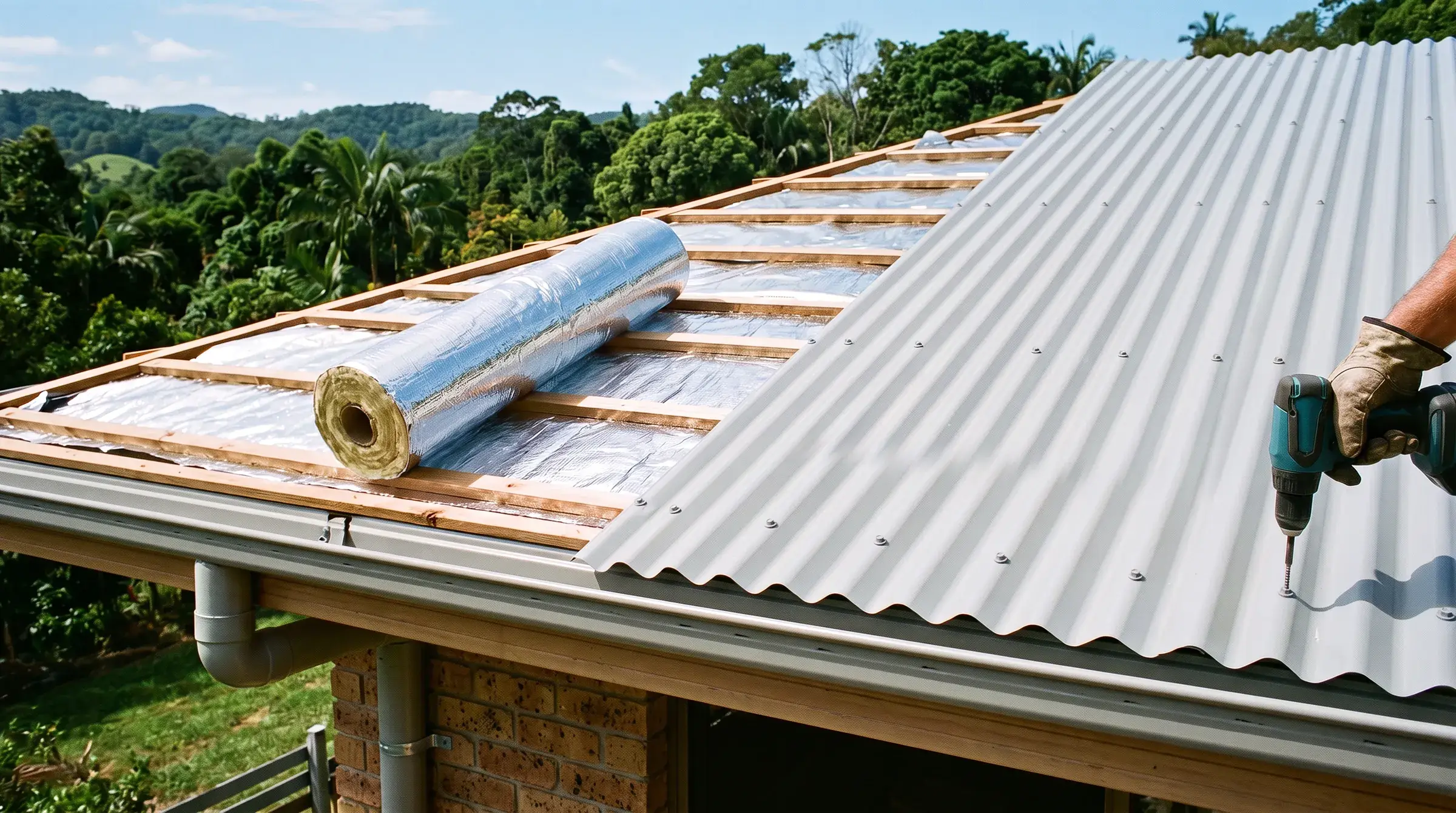 Illustrative image of a foil-faced insulation blanket being rolled out over battens beside new corrugated roof sheets