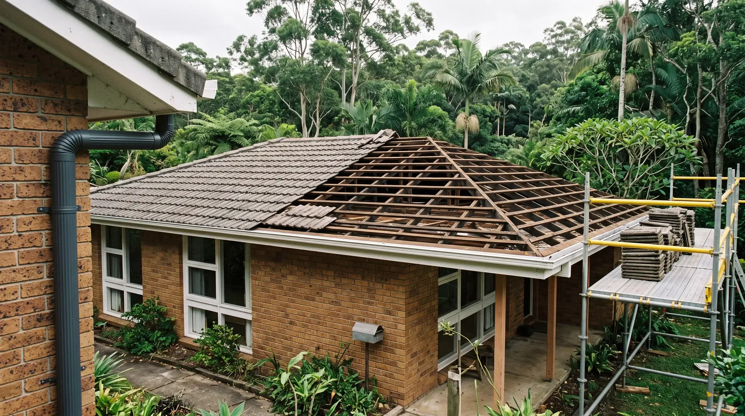Illustrative: concrete roof tiles being stripped from a brick home, with old tiles stacked on the scaffold