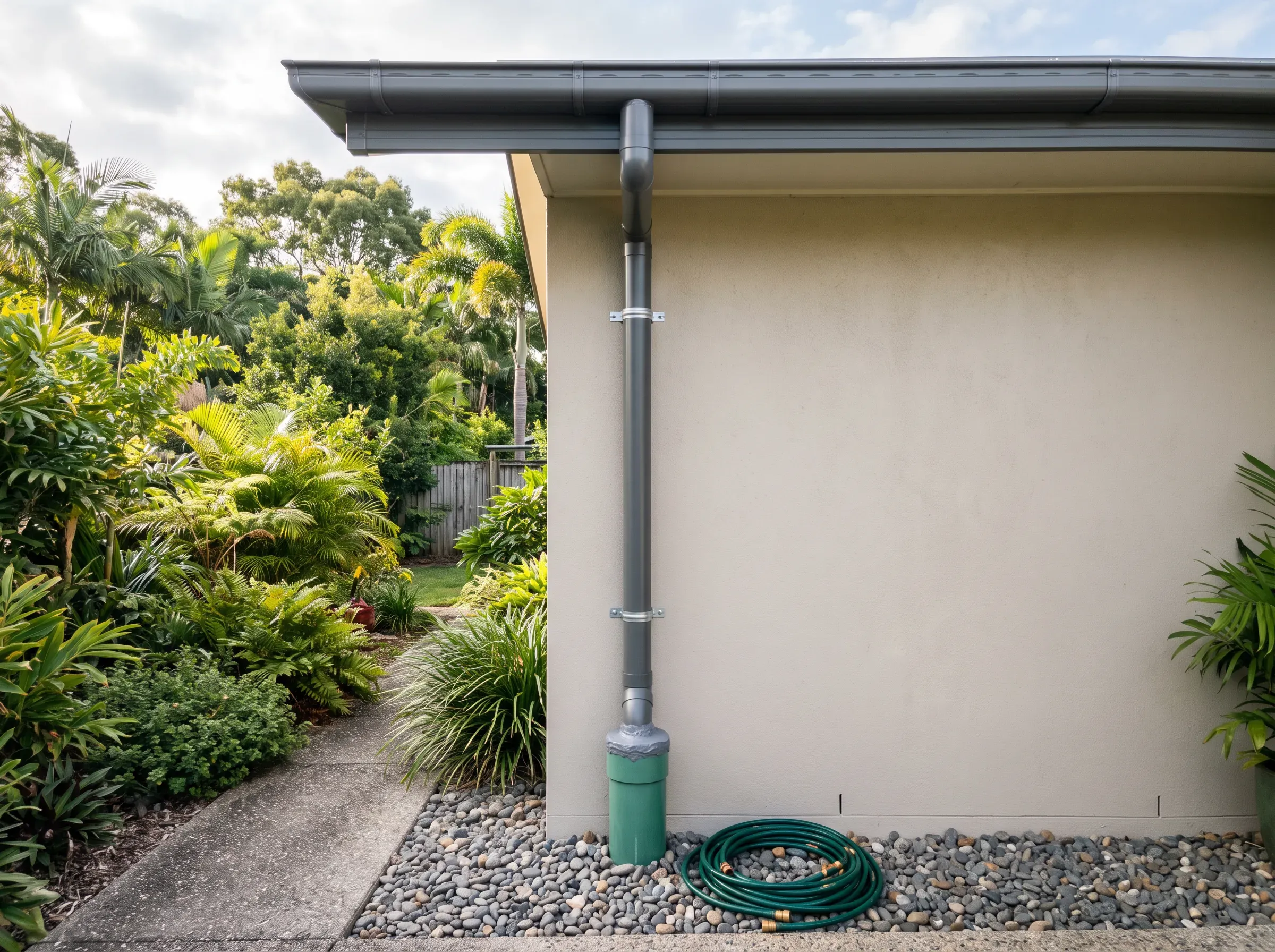 Illustrative: downpipe connected to a stormwater riser in a gravel strip at the base of a rendered wall