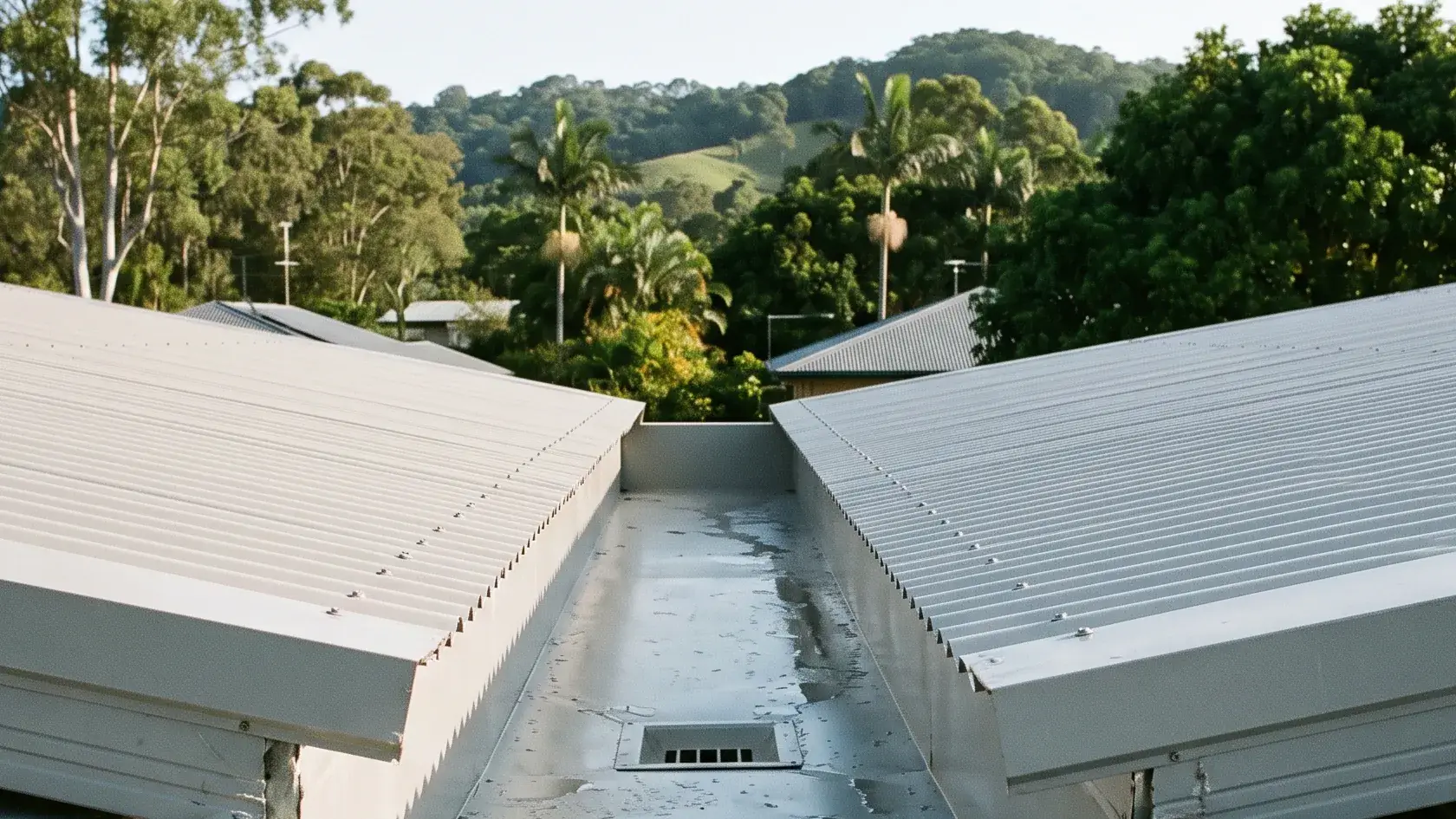 Illustrative: box gutter with a sump outlet running between two metal roof planes
