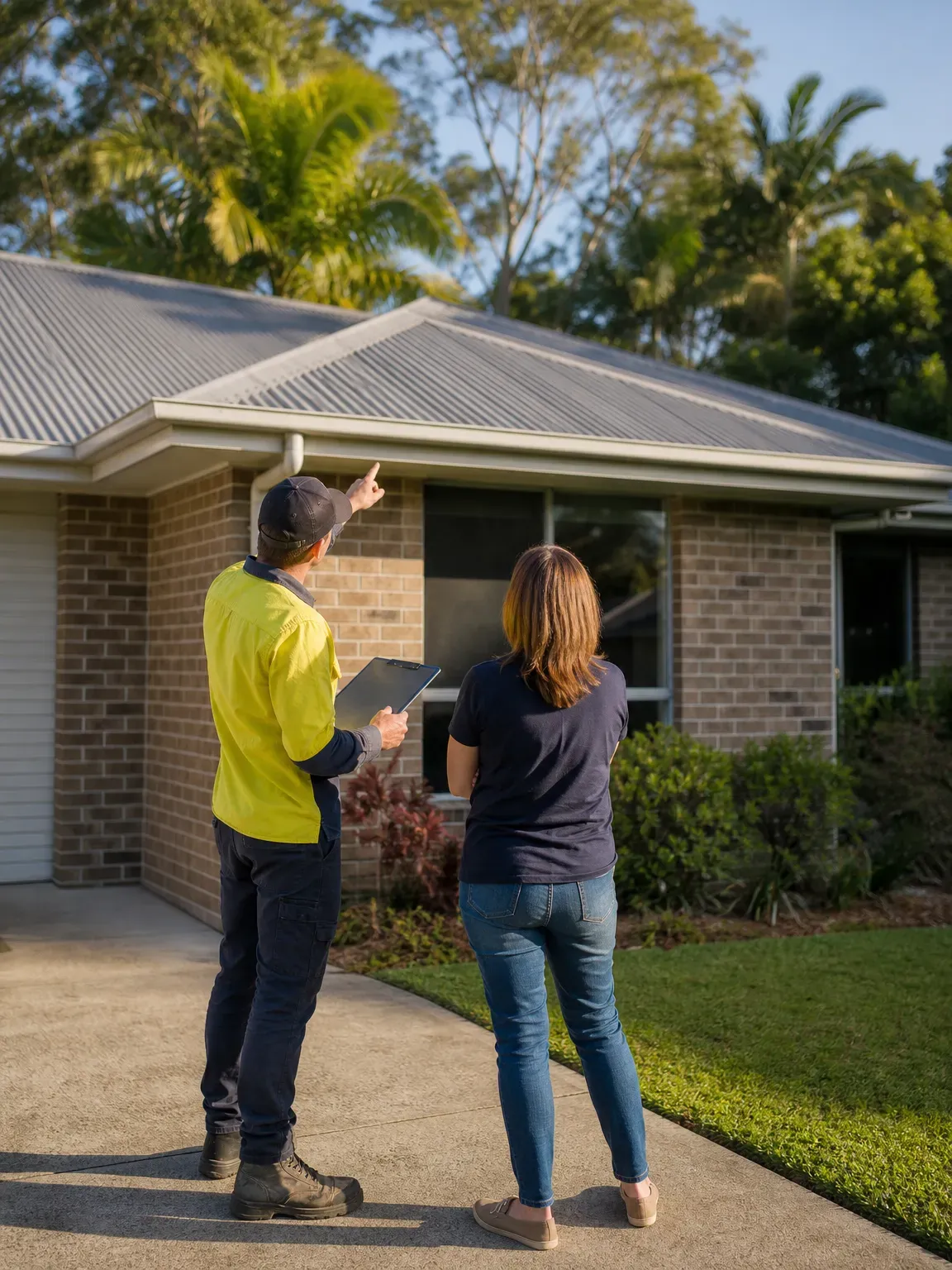 Illustrative: a roofer in a lime hi-vis shirt points out the gutter line of a brick home's metal roof to the homeowner