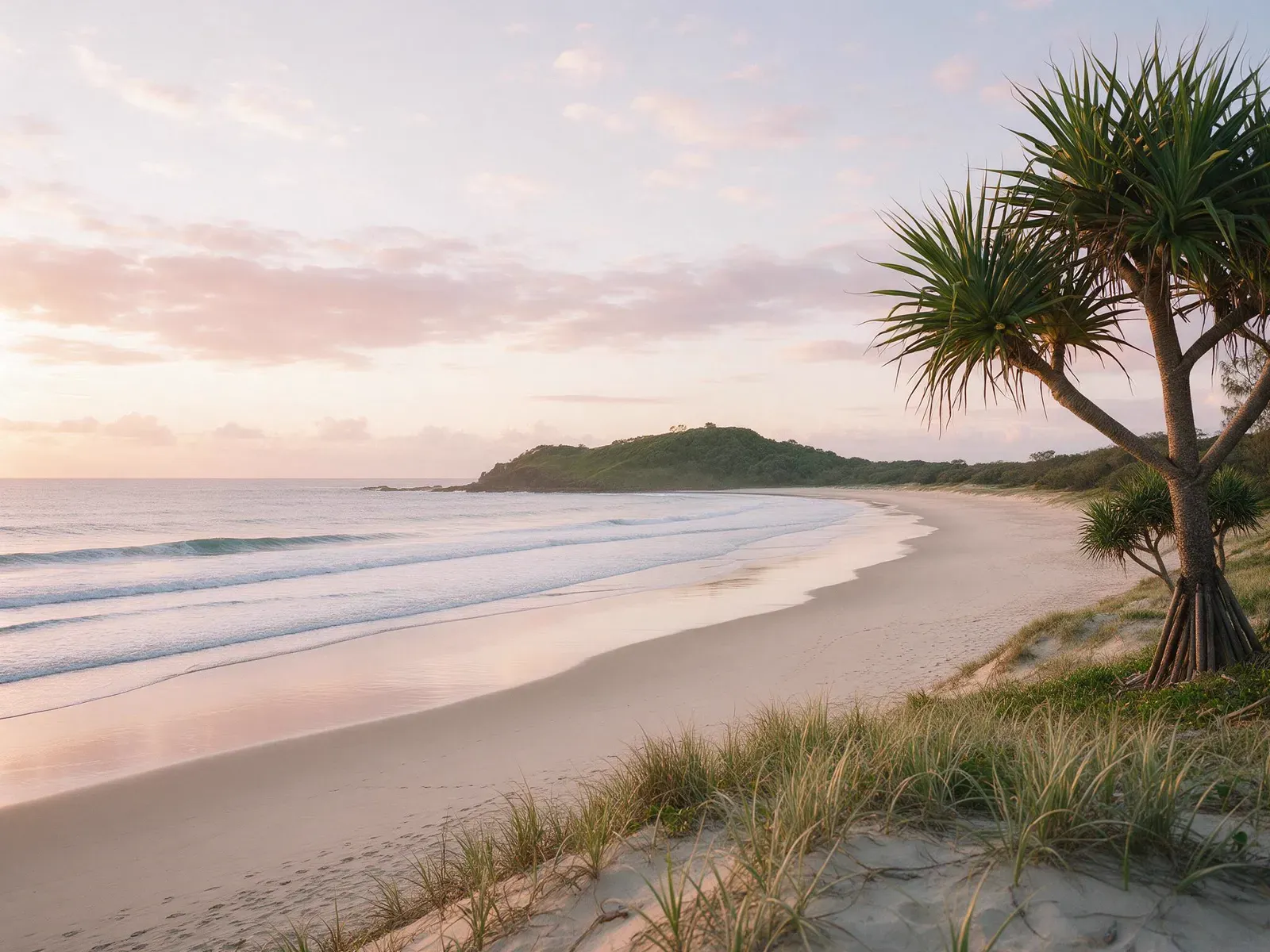 Illustrative surf beach at sunrise with pandanus palms and a green headland