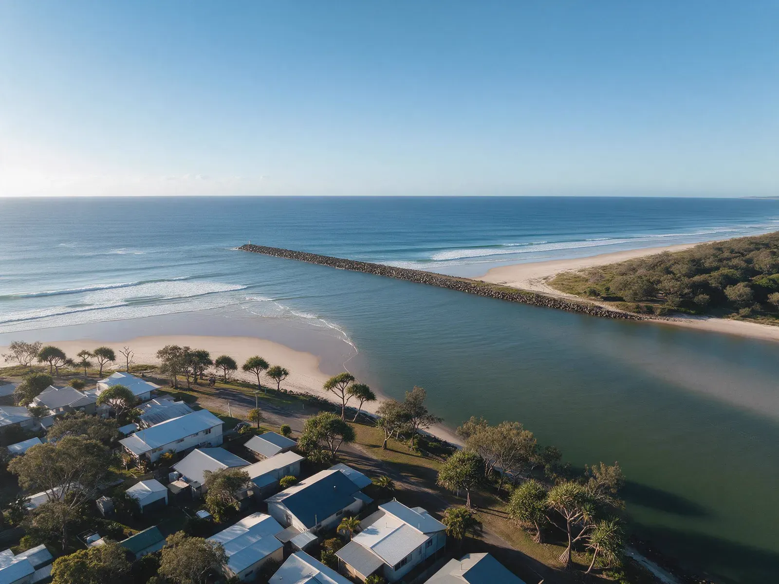 Illustrative aerial view of a Northern Rivers coastal town at a river mouth, with a rock breakwall and surf beach