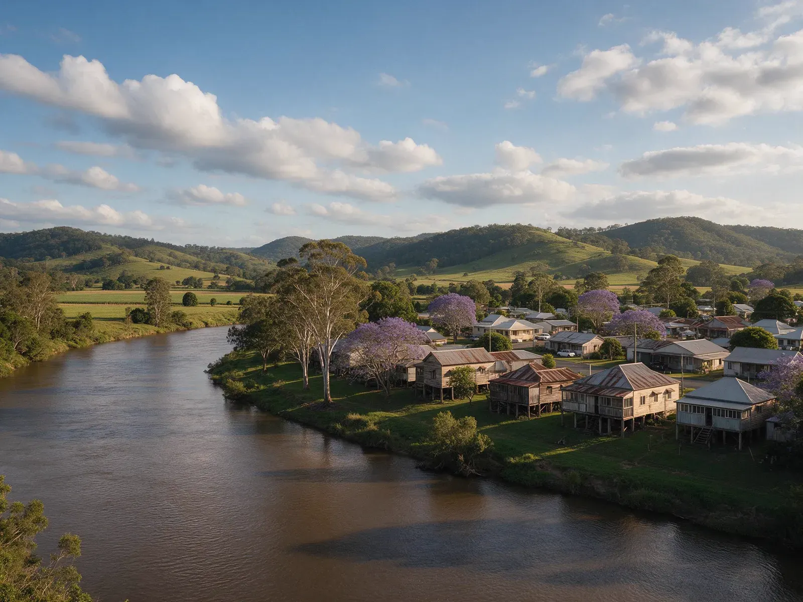 Illustrative view of a hinterland river town with timber homes, jacarandas and green hills