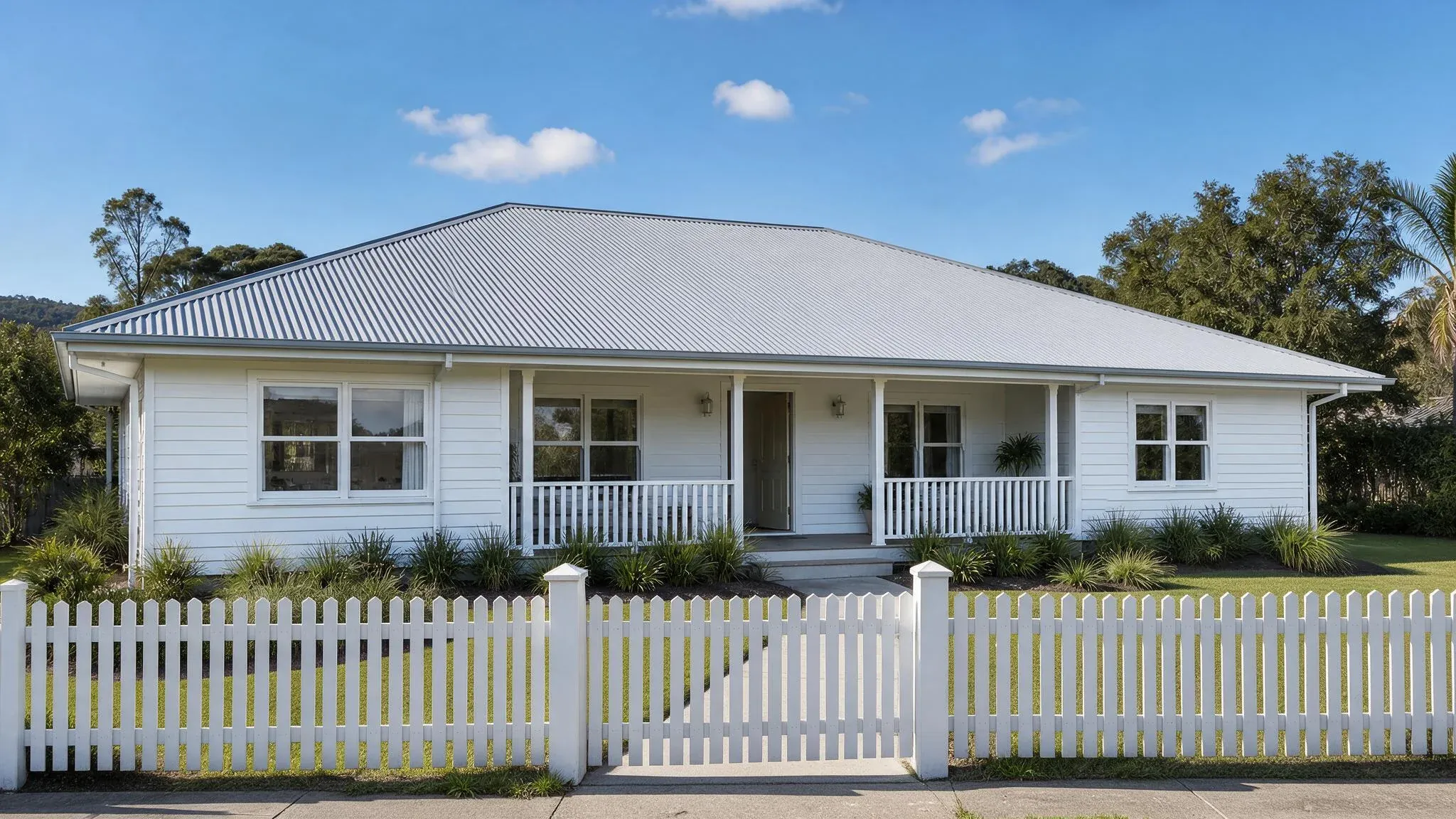 Illustrative single-storey weatherboard home with a simple corrugated hip roof and a white picket fence, used to preview Colorbond roof colours