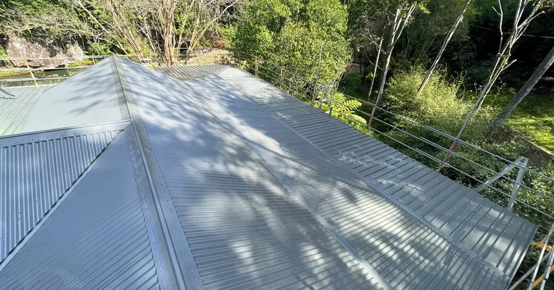 Light grey hip roof with scaffold edge protection beside bushland