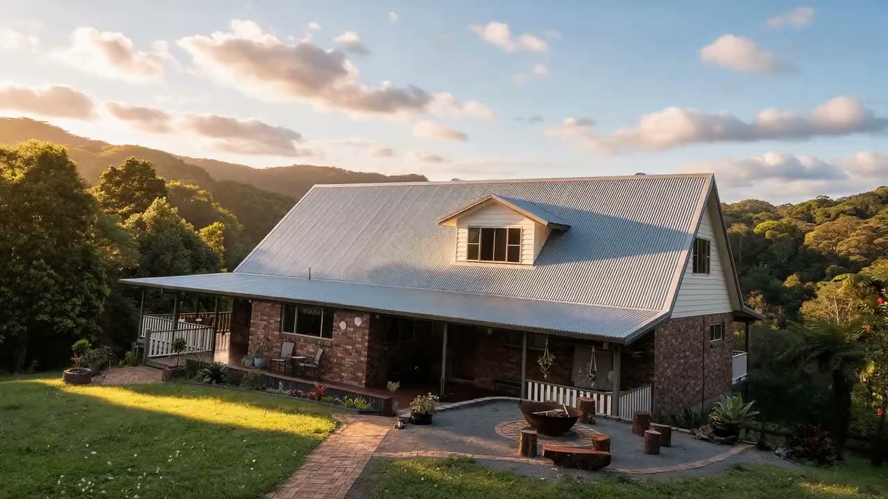 A brick country home with a light grey corrugated metal roof among rainforest hills at golden hour